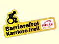 Logo "Barrierefrei - Karriere frei!, wo ein Rollstuhlfahrer die Rampe hochmüht.