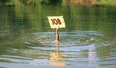 Hand mit Schildchen ragt aus Teich. Auf Schild steht in roten Lettern "JOB"