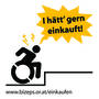 Bildbeschreibung: Ein Mann stößt mit einem Rollstuhl an eine Stufe. Darüber die Sprechblase "i hätt gern einkauft. leider gehts nicht".