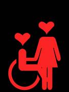 Symbolhafte Darstellung von Frau und Mann im Rollstuhl, die Köpfe der beiden haben die Form von Herzen