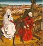 Maria und Josef auf einem Esel auf der Flucht, im Hintergrund das mittelalterliche Wien
