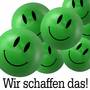 Grüne 3-D-Smileys mit Text "Wir schaffen das!"