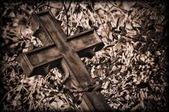 Verwittertes Kreuz im Laub liegend