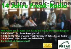 Plakat: Szene mit vielen Leuten im ORF-KulturCafe, darüber steht: 7 Jahre Freak-Online, 14 Jahre Freak-Radio