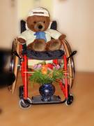 Kleiner Stoffbär auf Rollstuhl